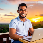 **Prompt:** A digital nomad sitting at a cafe in Bali, working on a laptop with a stunning sunset view in the background. He's smiling, looking relaxed and confident, embodying financial freedom and work-life balance. The scene should convey a sense of inspiration and untapped potential. Style: vibrant, high-resolution, travel photography.