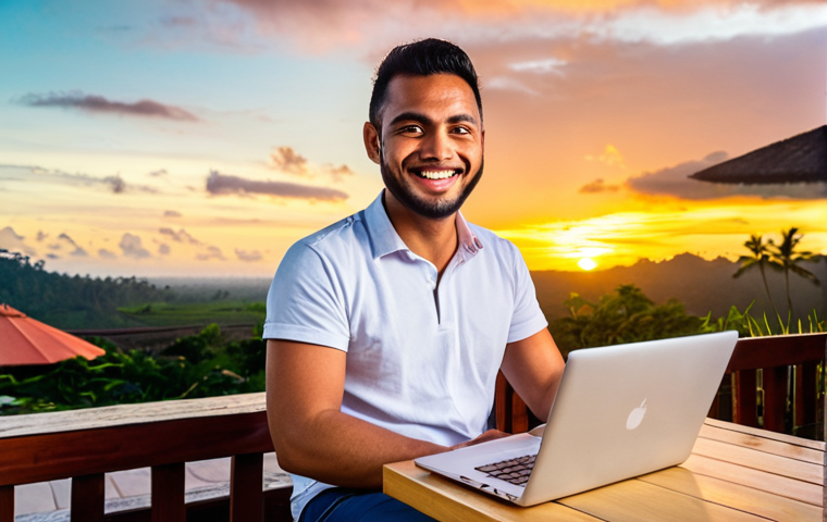 **Prompt:** A digital nomad sitting at a cafe in Bali, working on a laptop with a stunning sunset view in the background. He's smiling, looking relaxed and confident, embodying financial freedom and work-life balance. The scene should convey a sense of inspiration and untapped potential. Style: vibrant, high-resolution, travel photography.