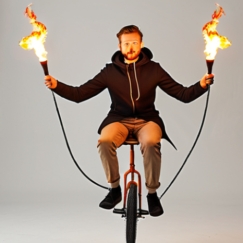 Home 14 **A digital nomad juggling flaming torches while riding a unicycle on a tightrope, symbolizing the challenges of the lifestyle.** (This visualizes the opening metaphor.)