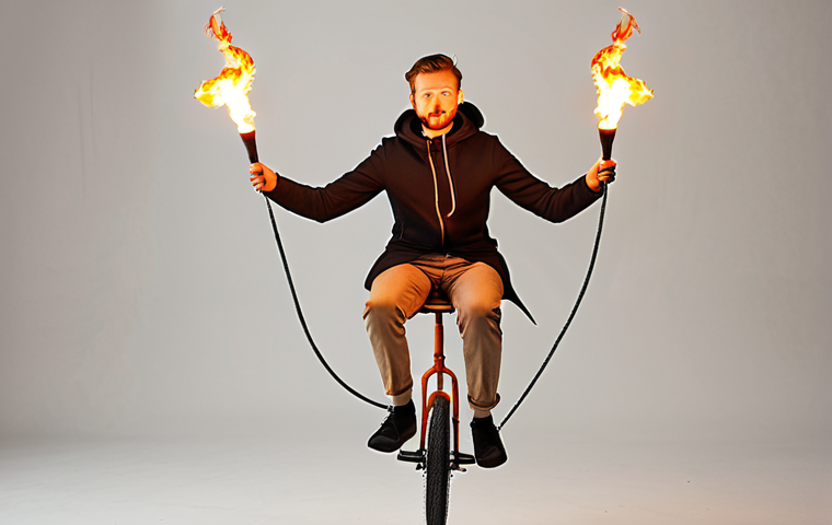 **A digital nomad juggling flaming torches while riding a unicycle on a tightrope, symbolizing the challenges of the lifestyle.** (This visualizes the opening metaphor.)