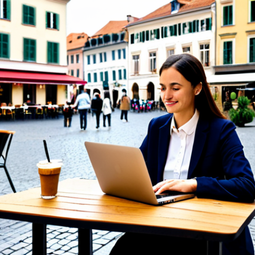 Home 7 A professional digital nomad, fully clothed in modest business casual attire, working on a laptop at a charming outdoor cafe table. The cafe overlooks a bustling European city square with historic architecture and soft natural light. The subject has perfect anatomy, correct proportions, and a natural pose, with well-formed hands properly positioned on the keyboard. This image is safe for work, appropriate content, and family-friendly, showcasing a professional and productive remote work scene.