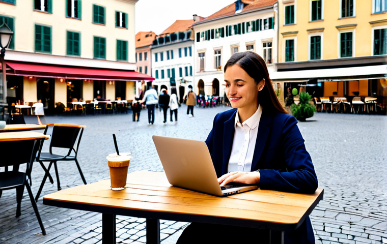 A professional digital nomad, fully clothed in modest business casual attire, working on a laptop at a charming outdoor cafe table. The cafe overlooks a bustling European city square with historic architecture and soft natural light. The subject has perfect anatomy, correct proportions, and a natural pose, with well-formed hands properly positioned on the keyboard. This image is safe for work, appropriate content, and family-friendly, showcasing a professional and productive remote work scene.
