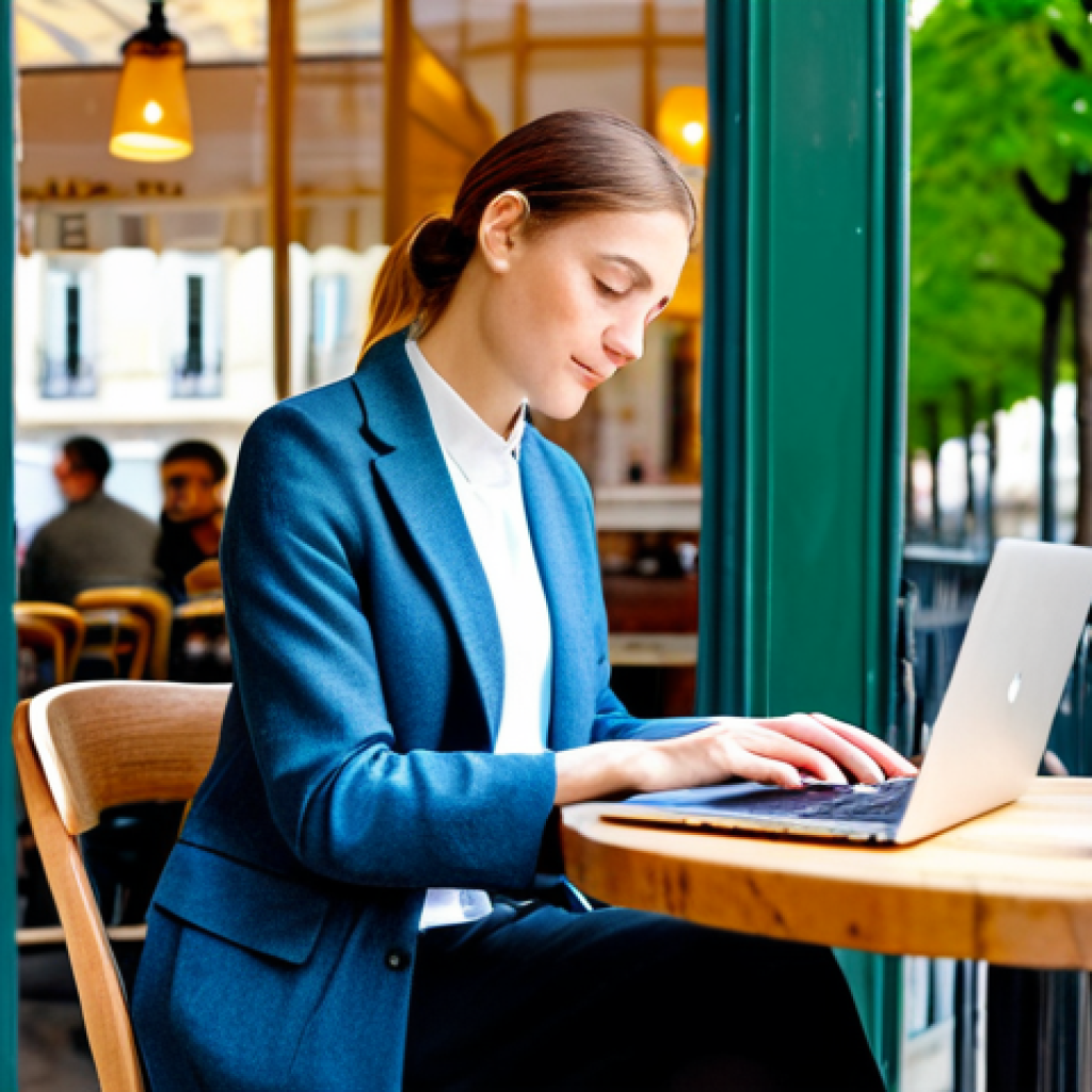 디지털 노마드로서의 여행 계획 세우기 - **Image:** A digital nomad working on a laptop at a cafe in Paris.
    **Prompt:** A professional wo...