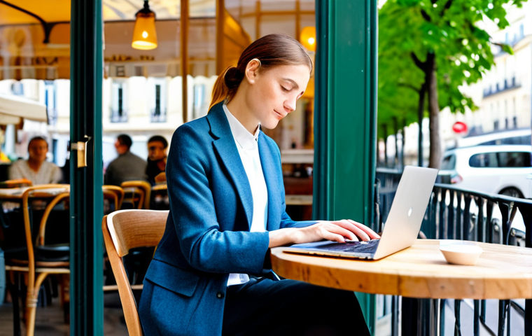 디지털 노마드로서의 여행 계획 세우기 - **Image:** A digital nomad working on a laptop at a cafe in Paris.
    **Prompt:** A professional wo...