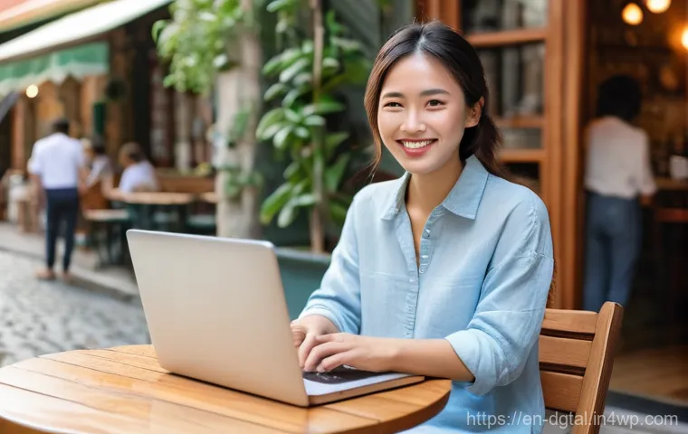 디지털 노마드의 개인 브랜드 강화 방법 - **Prompt 1: Digital Nomad's Productive Oasis**
    A vibrant, high-angle shot capturing a smiling yo...