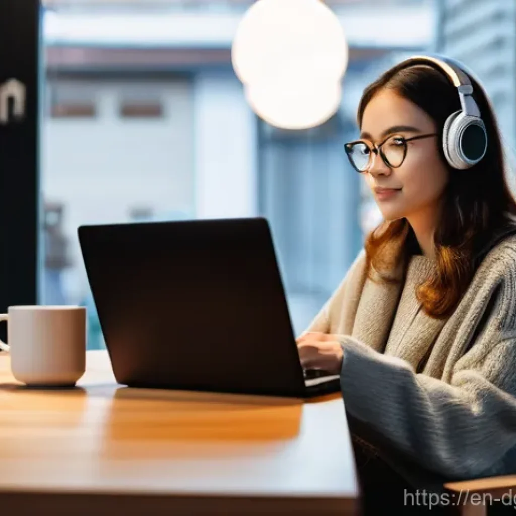 디지털 노마드가 자주 찾는 커피숍 - A focused digital nomad, a woman in her late 20s, is comfortably seated in a plush, ergonomic armcha...