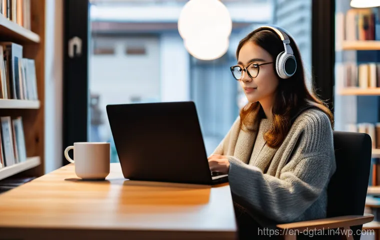 디지털 노마드가 자주 찾는 커피숍 - A focused digital nomad, a woman in her late 20s, is comfortably seated in a plush, ergonomic armcha...