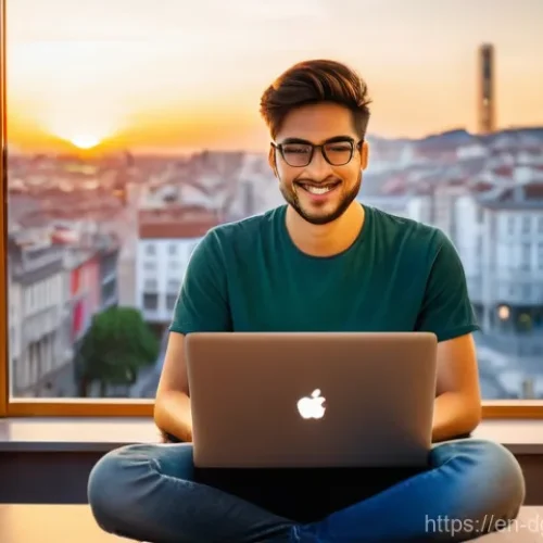 Home 23 디지털 노마드의 시차 문제 해결하기 - **Prompt:** A young, diverse digital nomad, comfortably dressed in casual but modest clothing (such ...