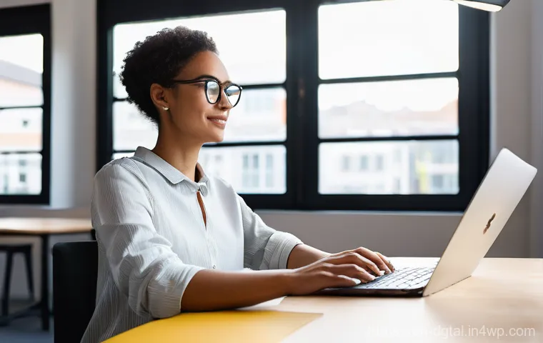 디지털 노마드의 글로벌 작업 환경 조성 - **"A modern, diverse digital nomad, a woman in her late 20s, with a focused yet calm expression, sit...