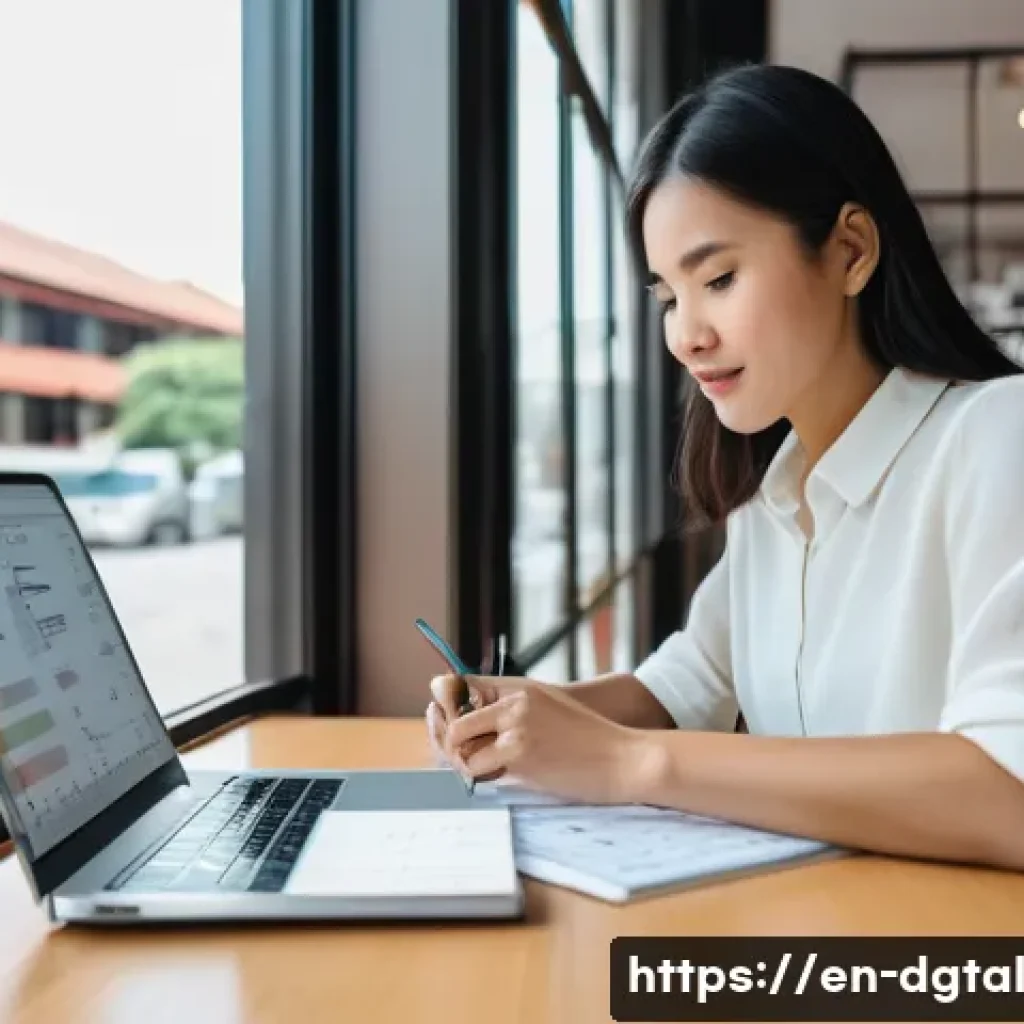 디지털 노마드 생활의 장기 계획 세우기 - **Prompt 1: Digital Nomad Mastering Finances**
    A young professional woman, around 30 years old, ...