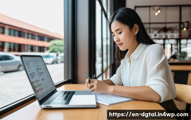 디지털 노마드 생활의 장기 계획 세우기 - **Prompt 1: Digital Nomad Mastering Finances**
A young professional woman, around 30 years old, ...