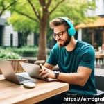 디지털 노마드의 비즈니스 레슨 - A digital nomad working on a sleek laptop at a cozy outdoor cafe in a vibrant city park, surrounded ...