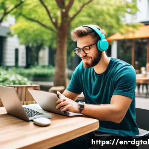 디지털 노마드의 비즈니스 레슨 - A digital nomad working on a sleek laptop at a cozy outdoor cafe in a vibrant city park, surrounded ...