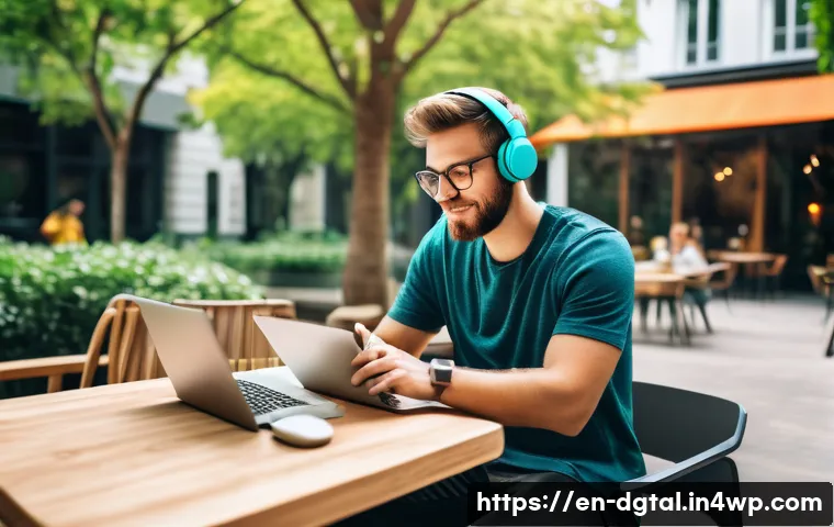 디지털 노마드의 비즈니스 레슨 - A digital nomad working on a sleek laptop at a cozy outdoor cafe in a vibrant city park, surrounded ...